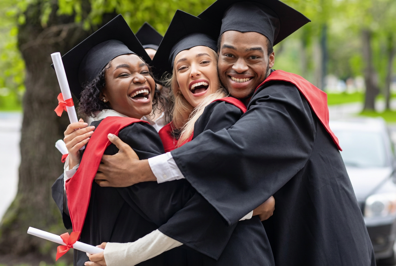 College graduates in caps and gowns embracing after commencement